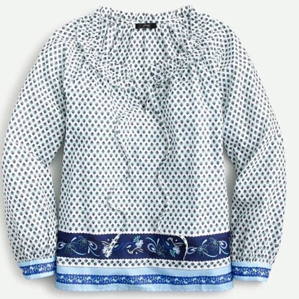 J.CREW white with blue ribbon block print tie-front ruffle top S